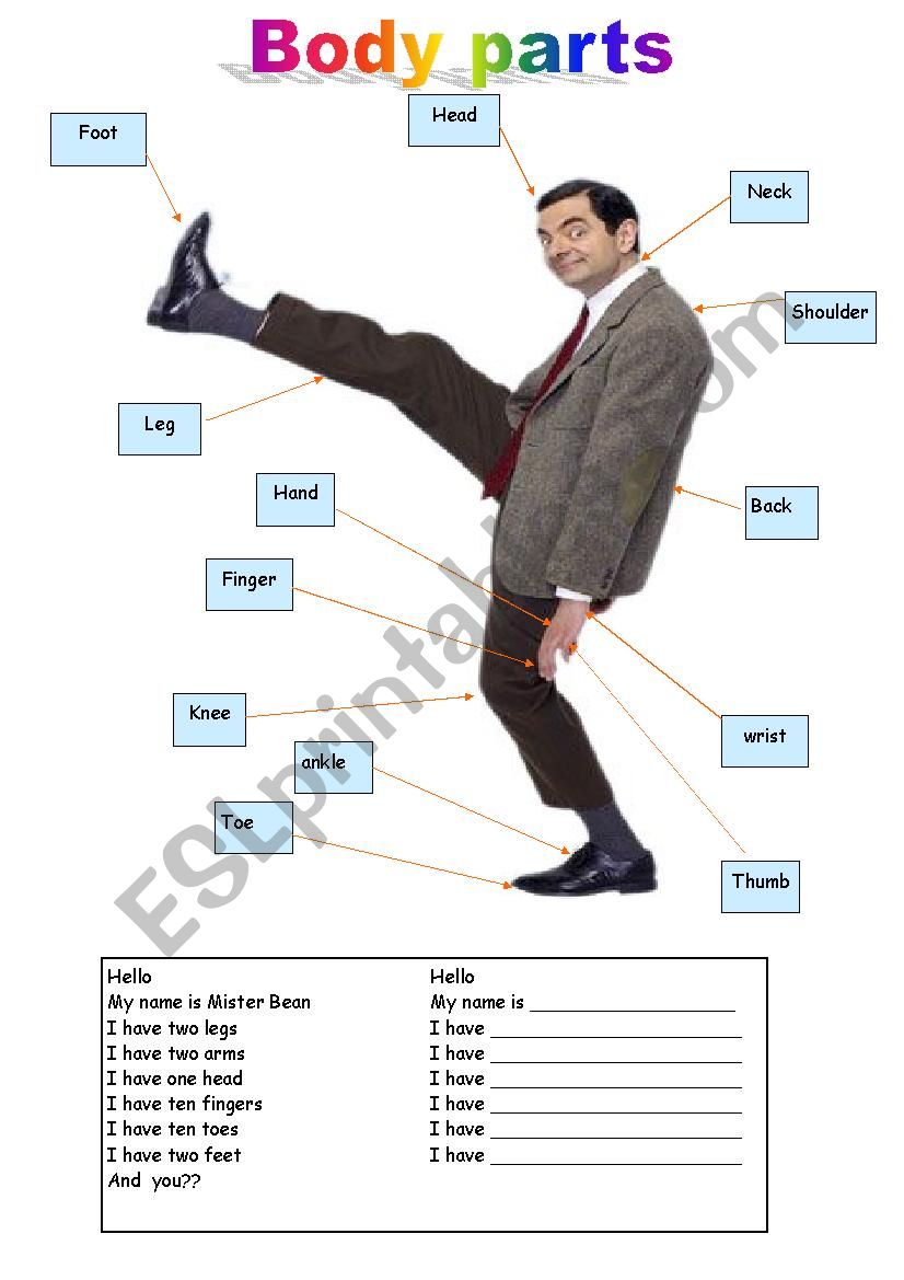 Mr. Bean body parts worksheet