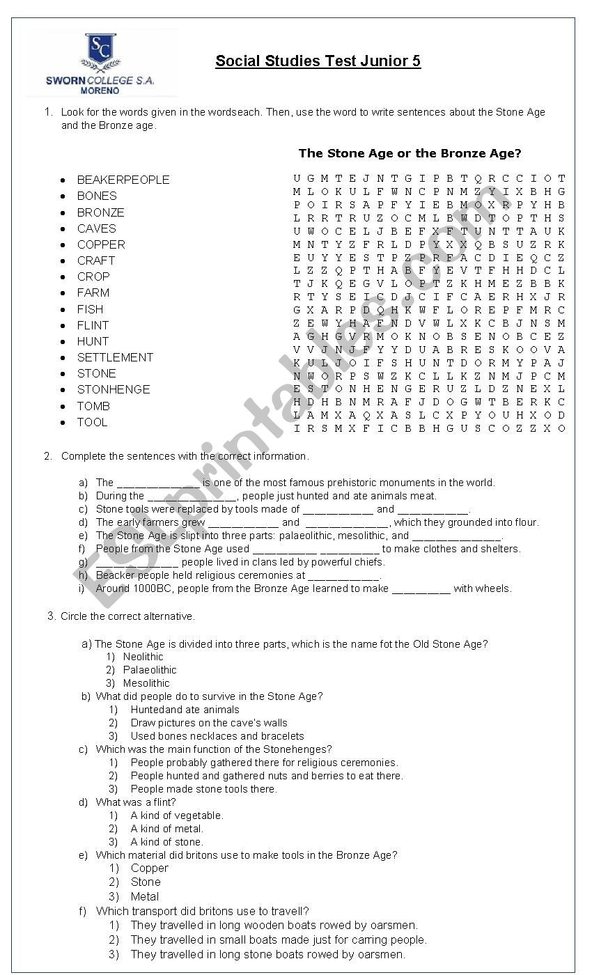 The Stone and Bronze Age worksheet