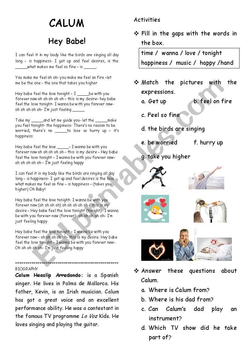 Calums song activities worksheet