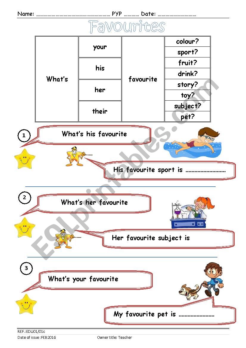 favourites Part 1 worksheet