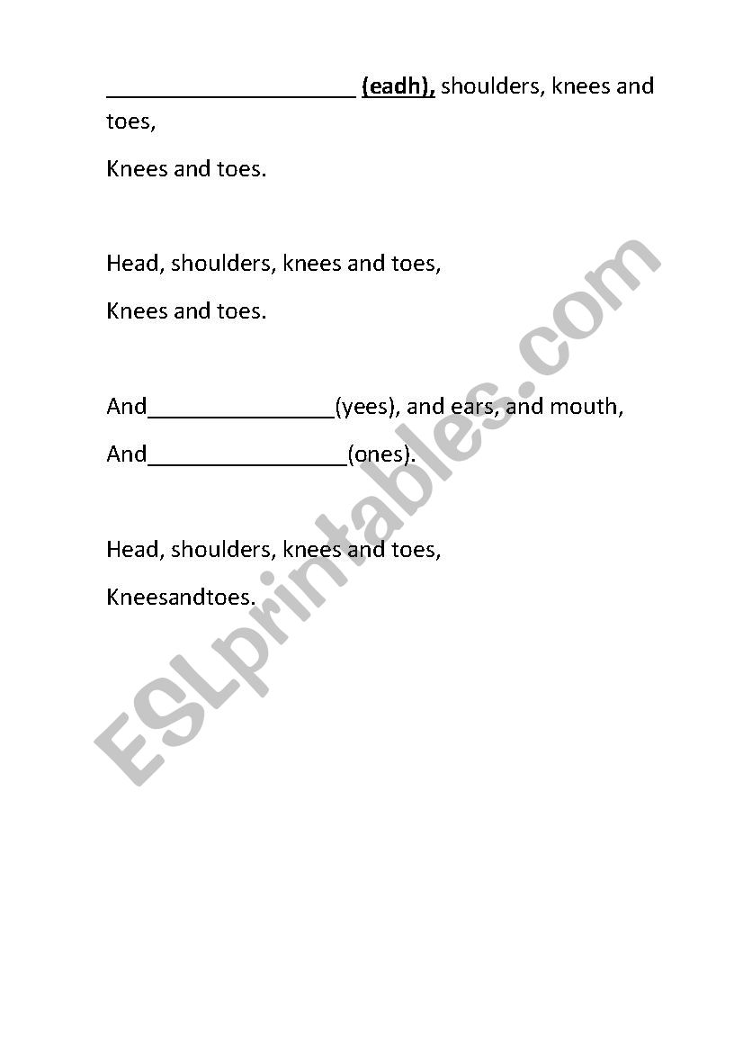 Song- Parts of the body worksheet