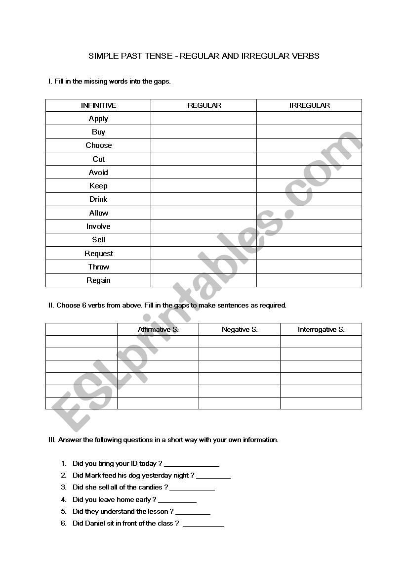 Simple Past Tense worksheet worksheet