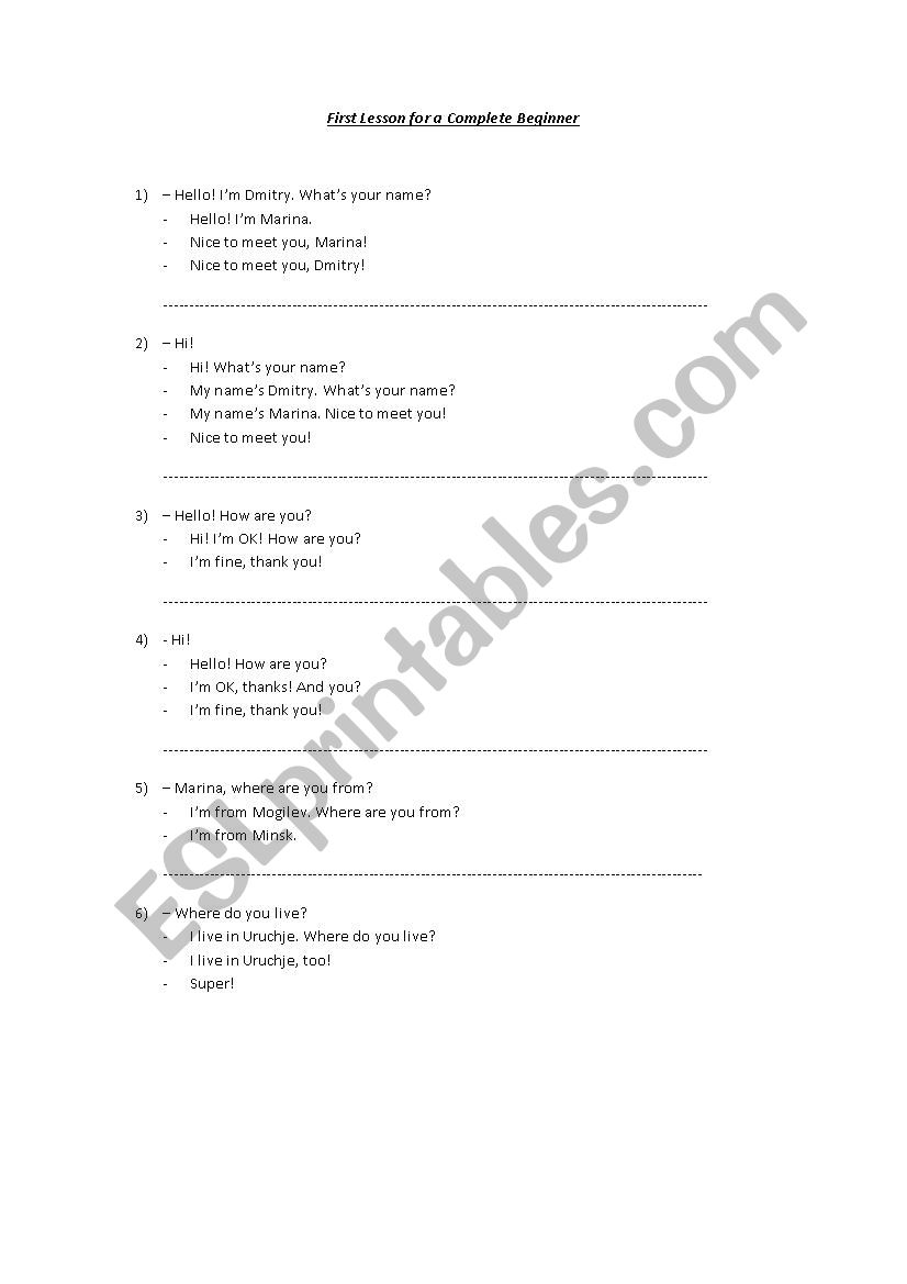 Beginner Exercise worksheet