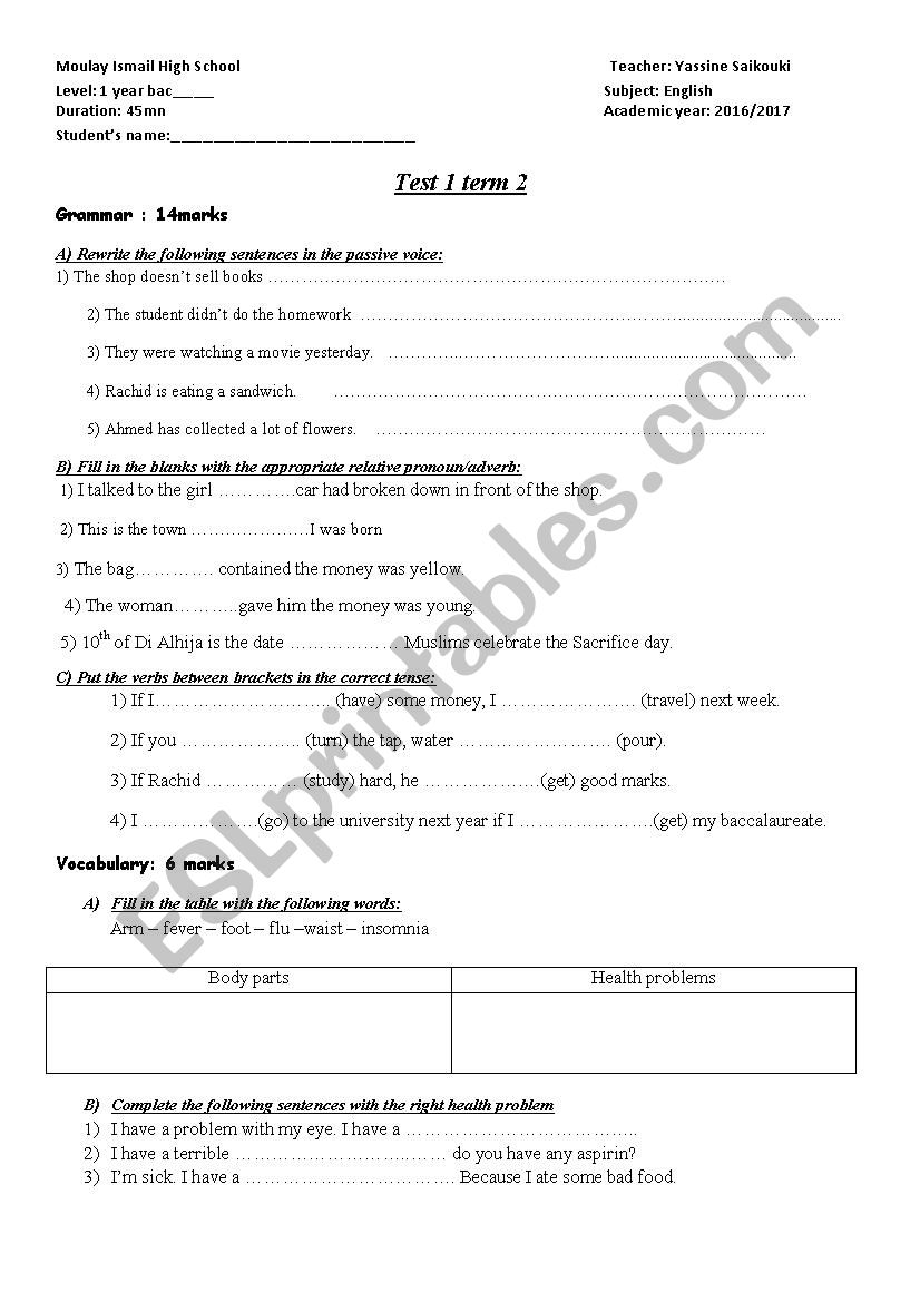 mid-term exam worksheet