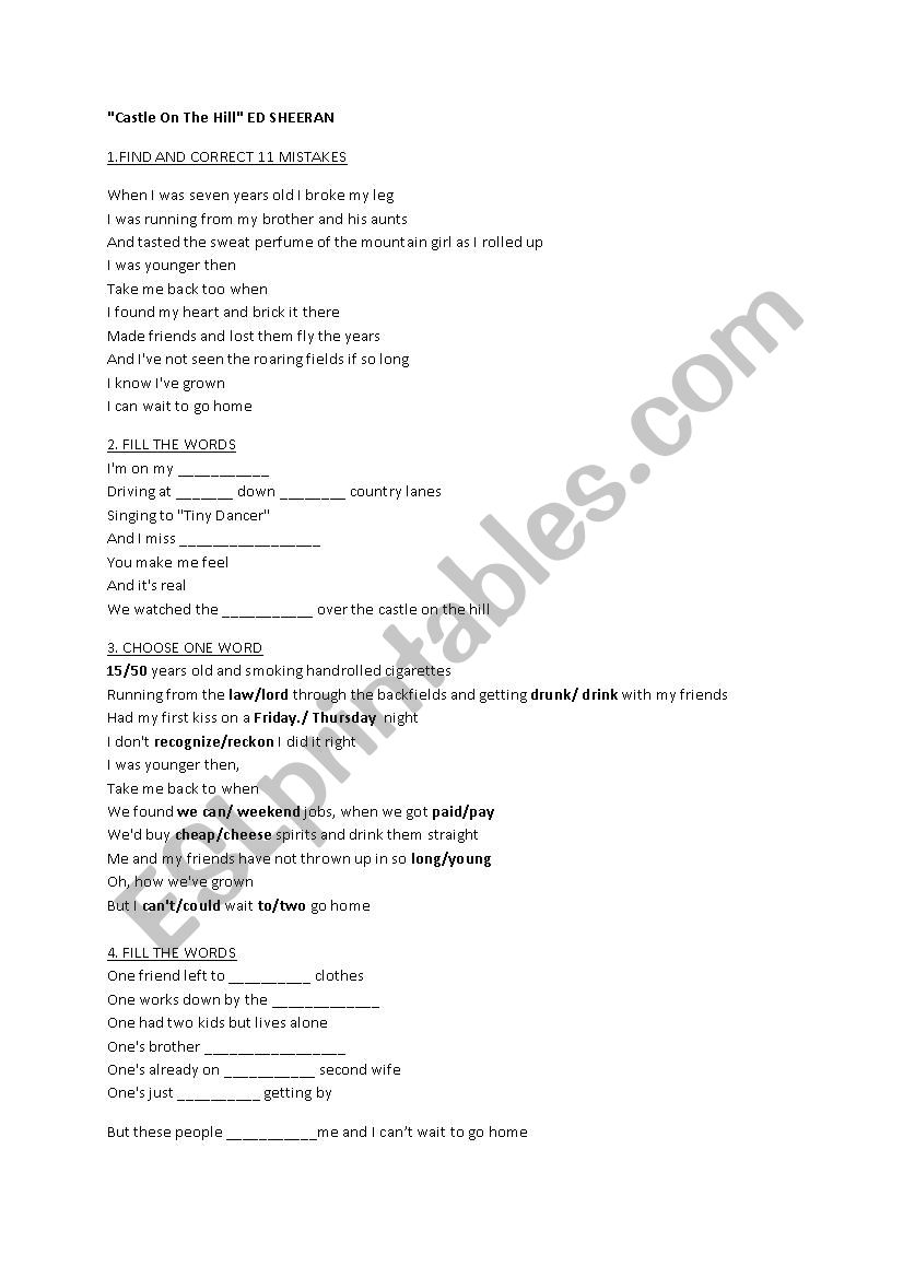 Ed sheeran CASTLE ON THE HILL worksheet