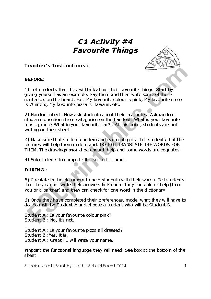 Favourite things worksheet