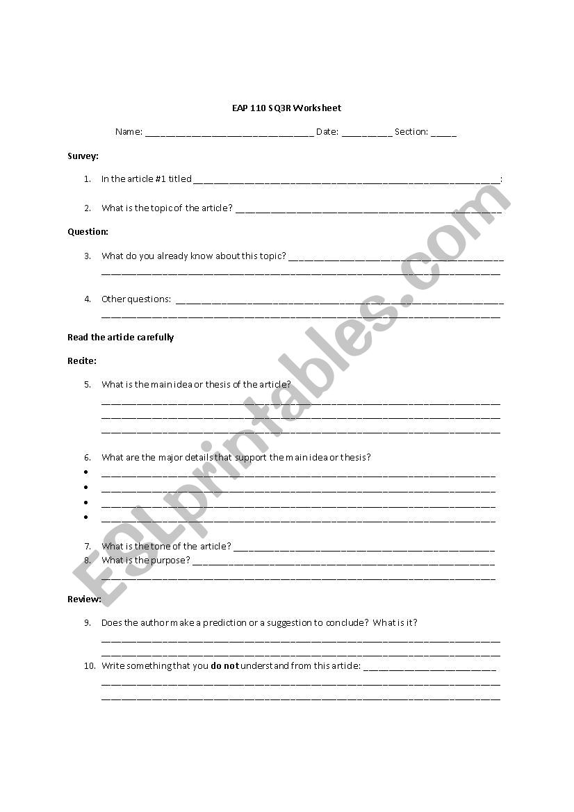 SQ3R Worksheet worksheet