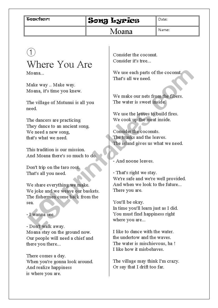 Moana Song Lyrics Handouts worksheet