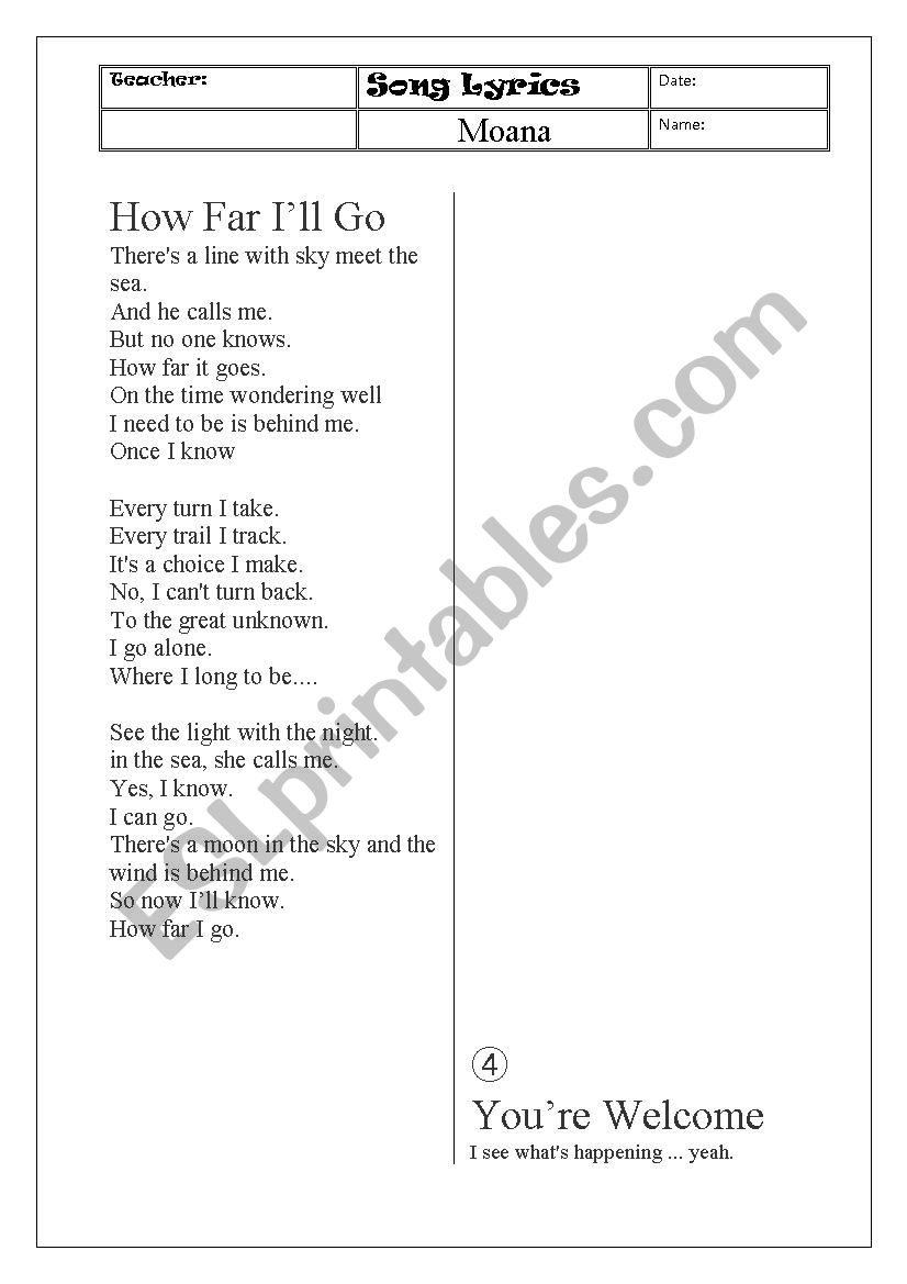 moana song lyrics handouts esl worksheet by shy213