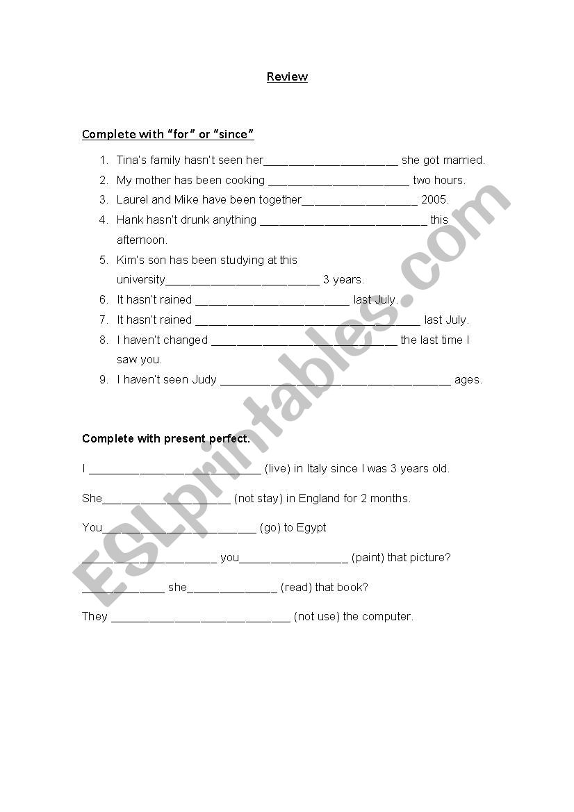 For and since worksheet