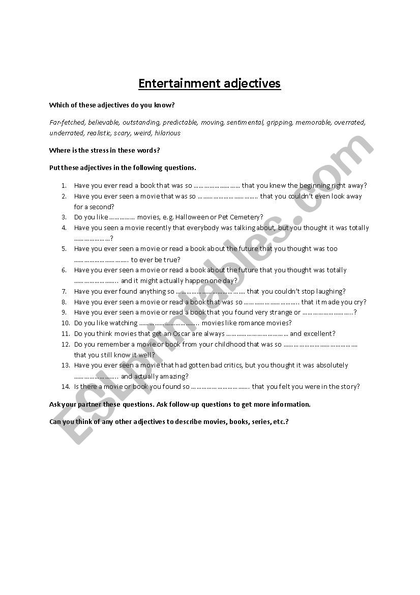 Entertainment Adjectives worksheet