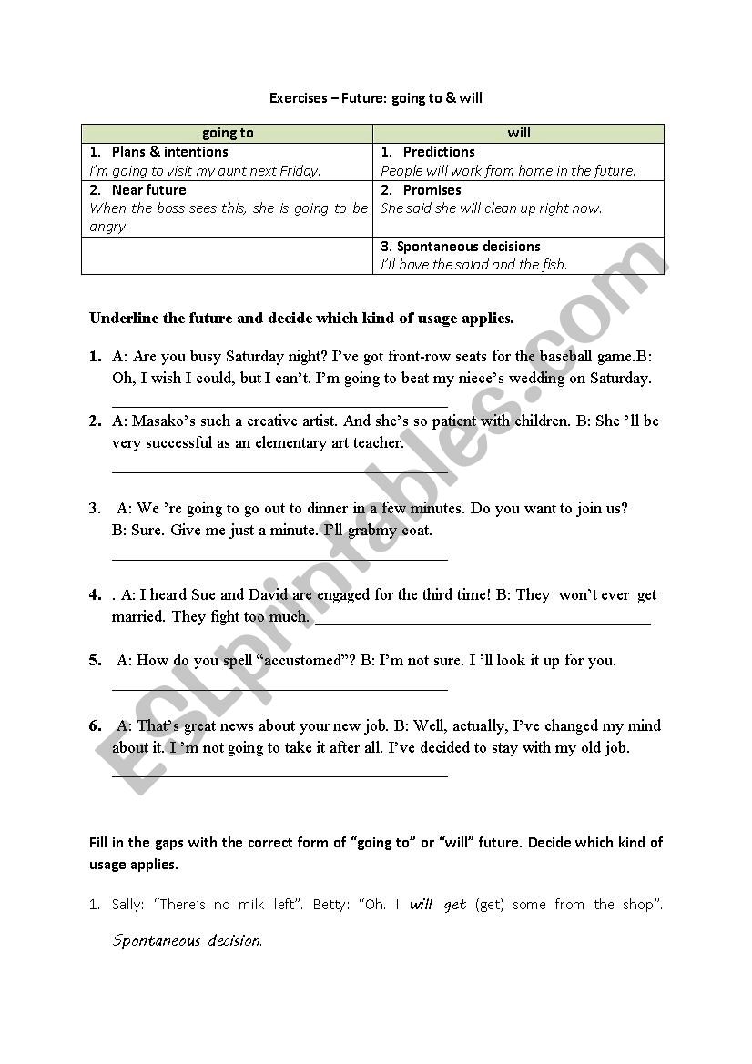 Exercises will - going to worksheet