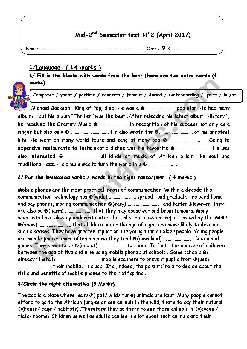 mid 2nd semester test n 2 worksheet