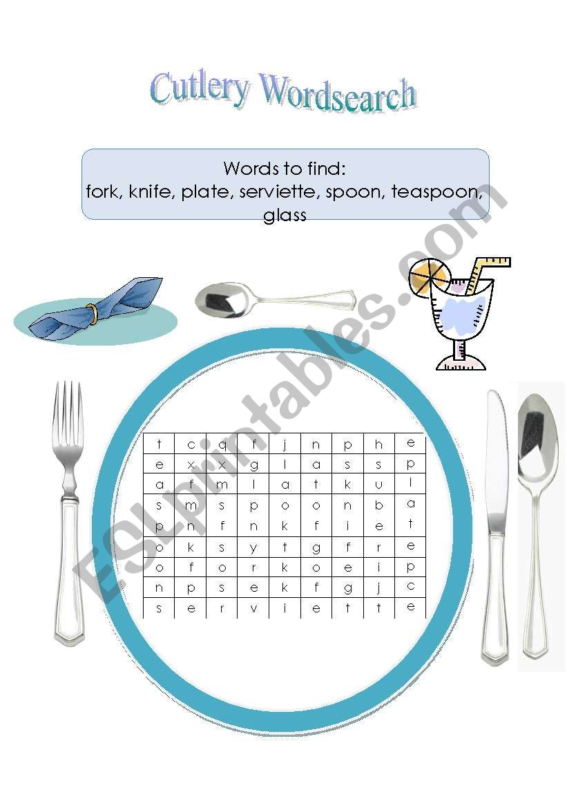 Cutlery Wordsearch worksheet