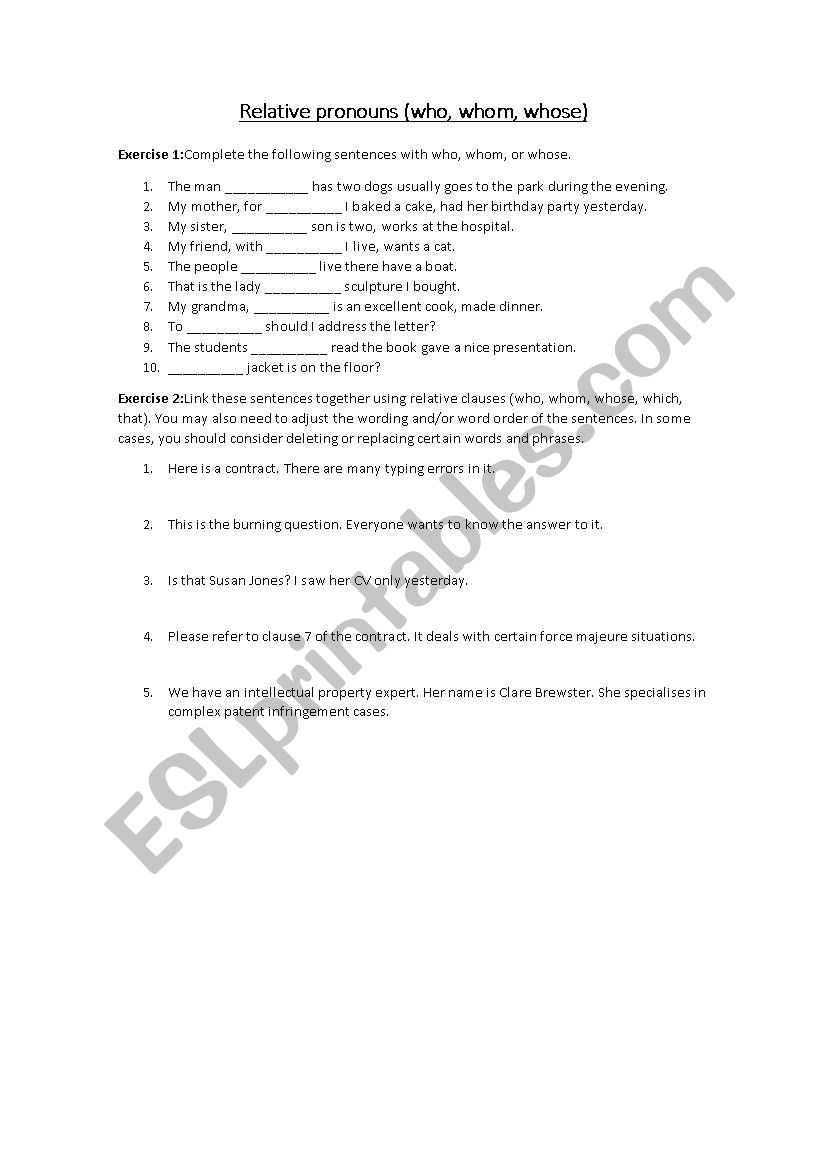 Who, whose and whom exercise worksheet