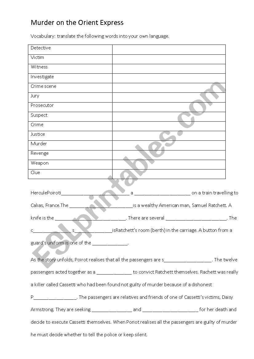 Murder on the Orient Express worksheet