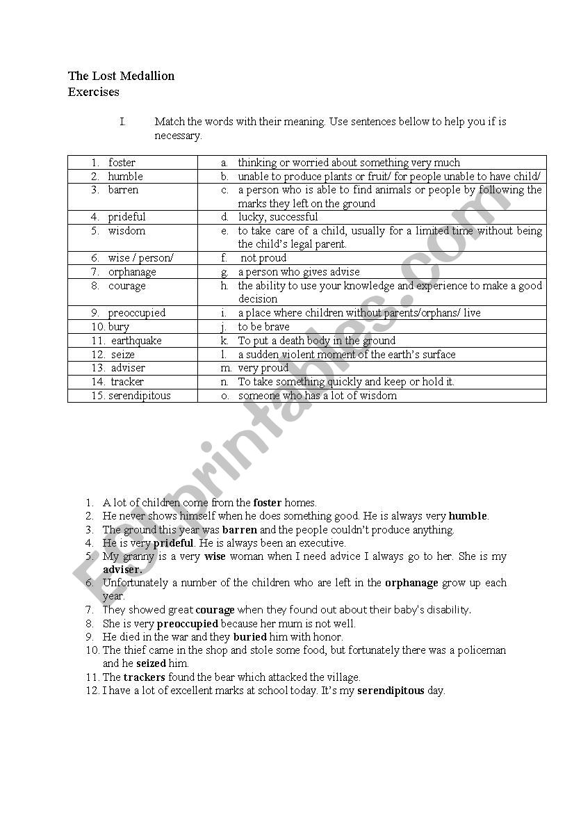 The Lost medalion worksheet