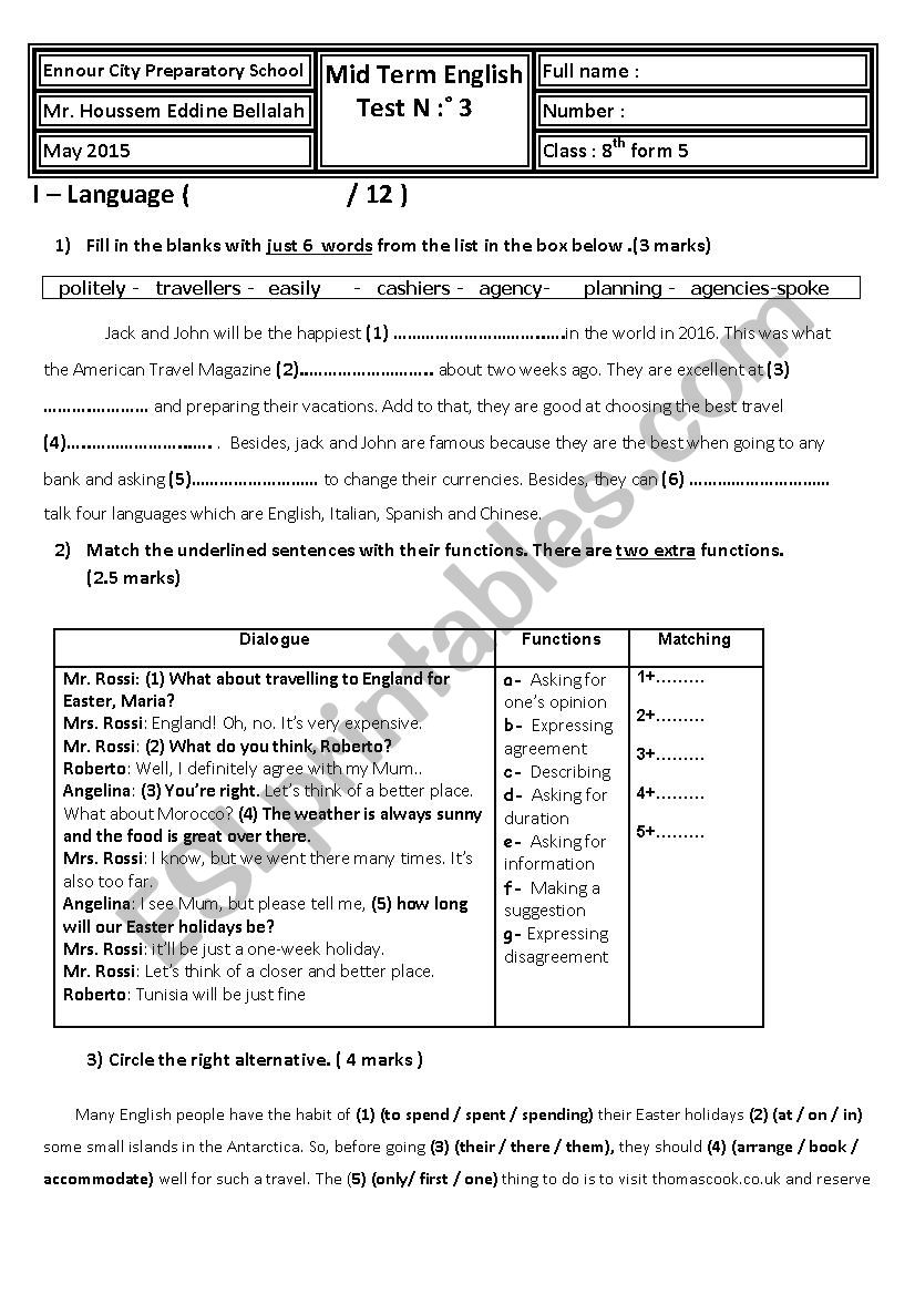 Mid Semester 2 Test 2 ( 8th form Tunisian pupils ) 