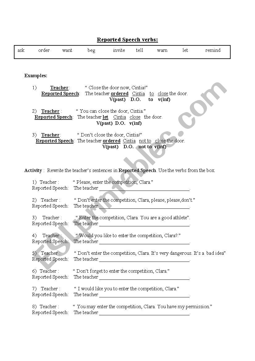 Reported Speech worksheet