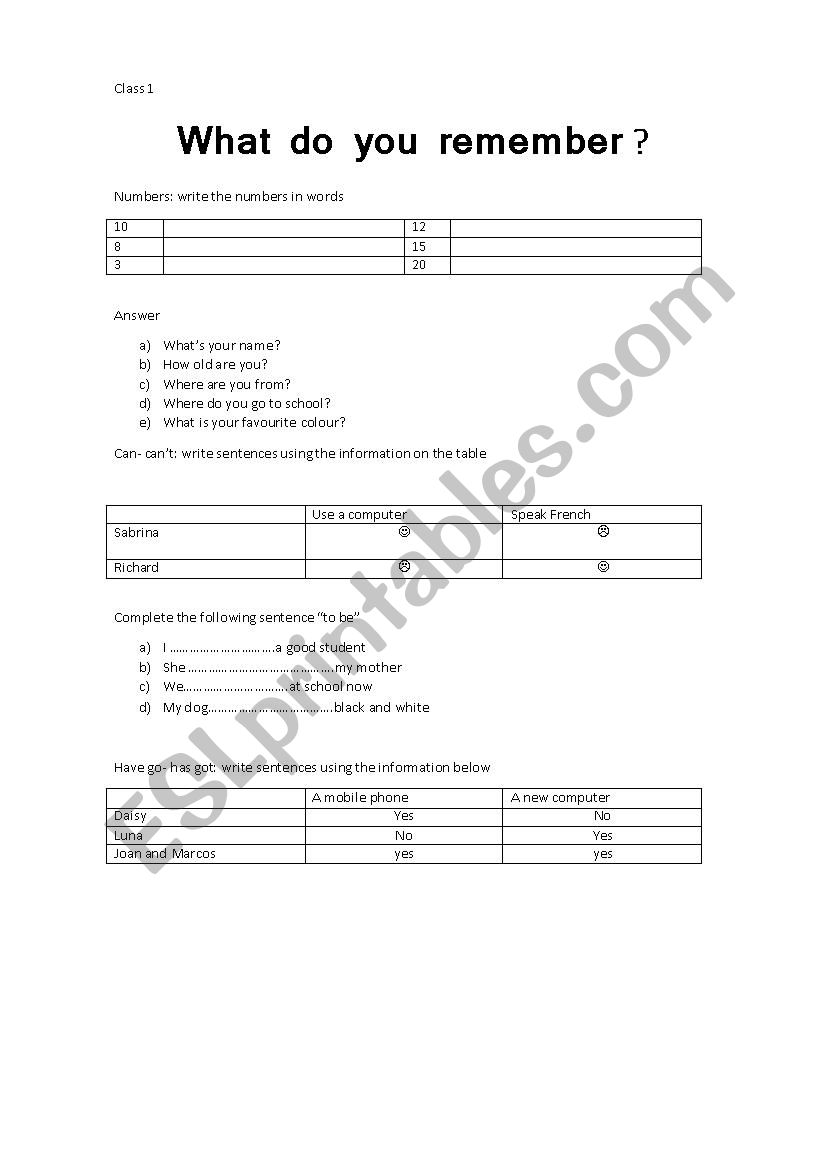 Simple revision worksheet