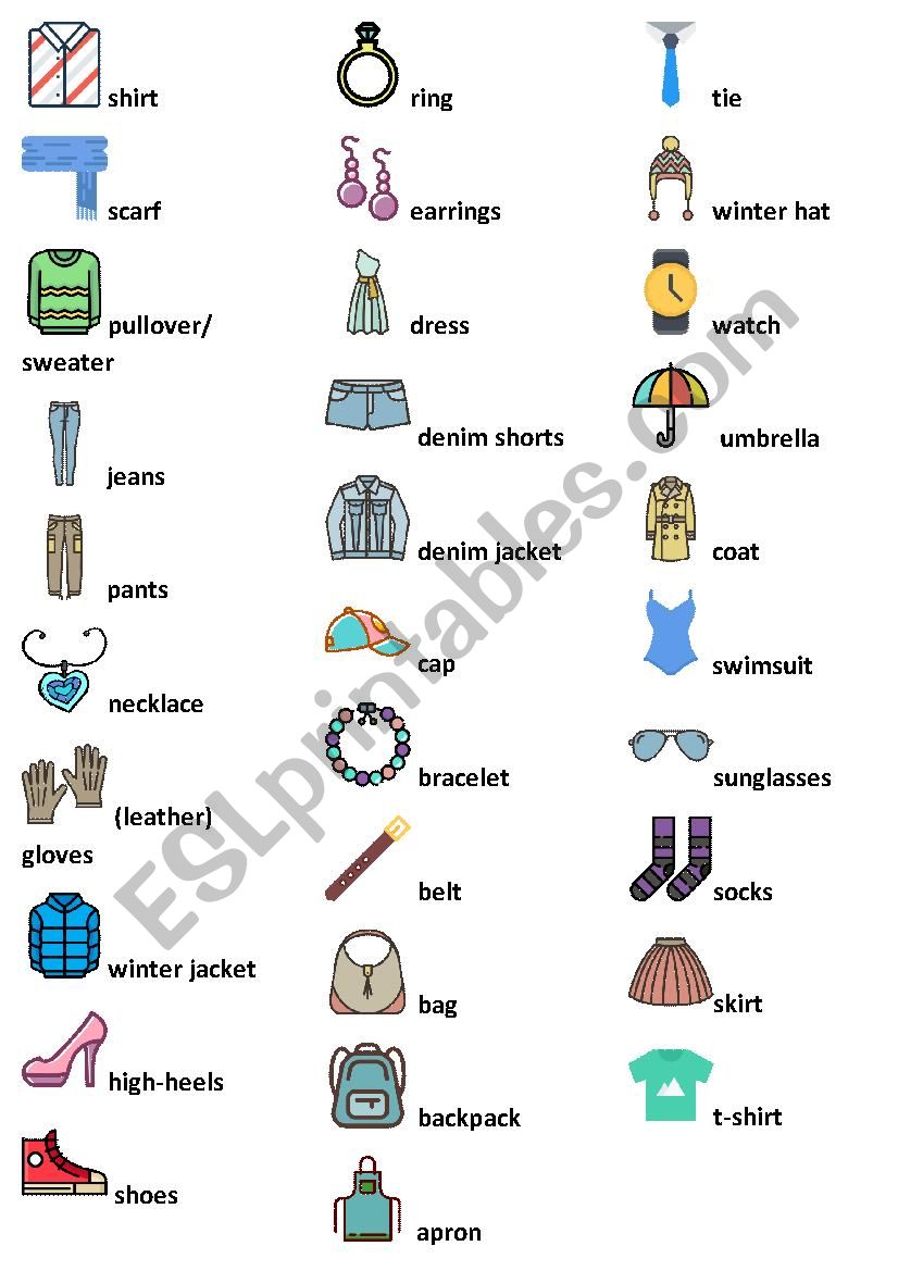 clothes vocabulary list with pictures