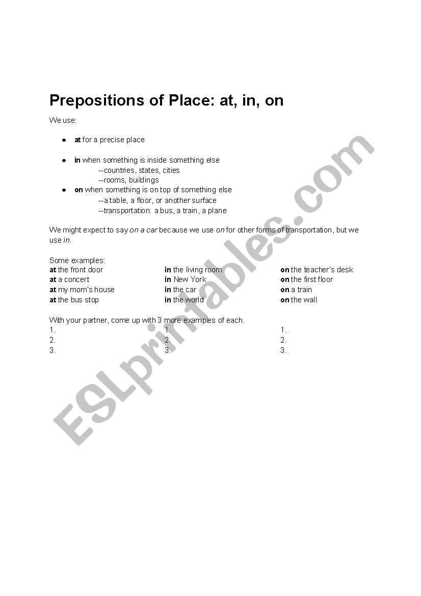 Prepositions of Place worksheet