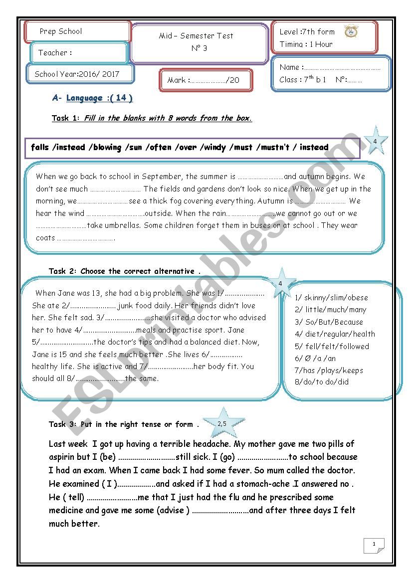 Mid-Semester Test n3  7th form