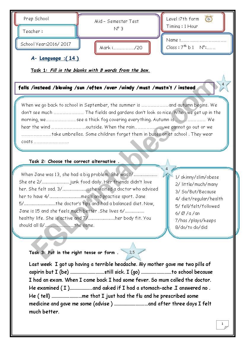 Mid-Semester Test n°3  7th form