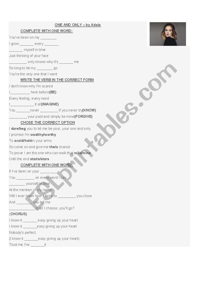 ONE AND ONLY - ADELE worksheet