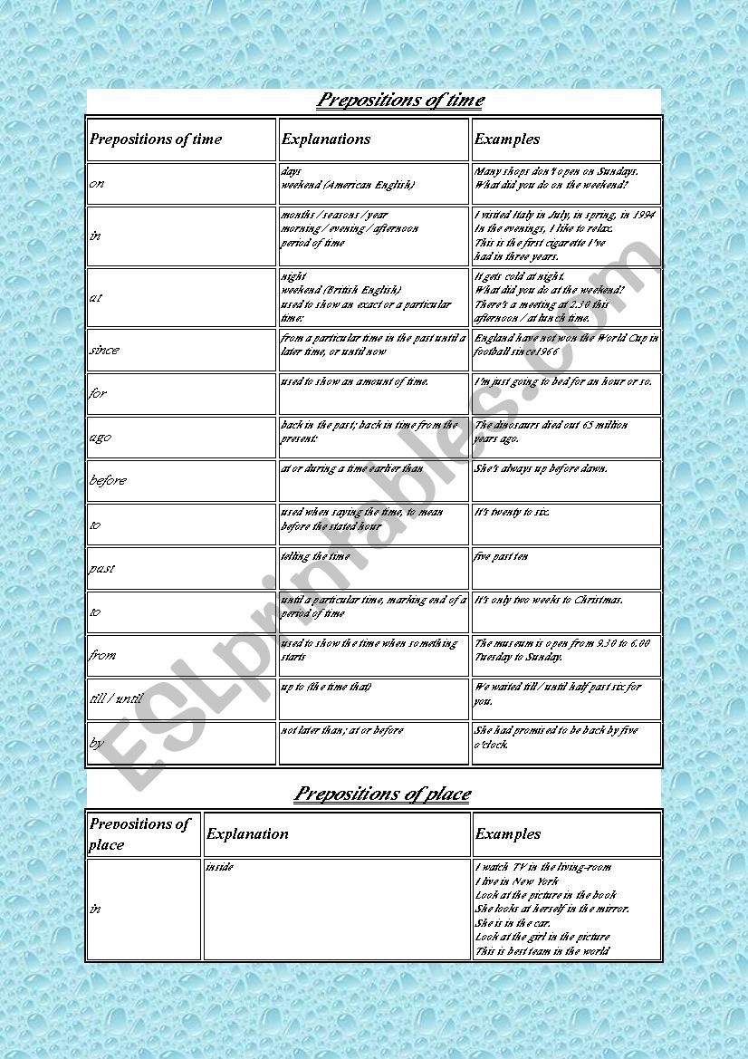 prepositions of time , movement and others