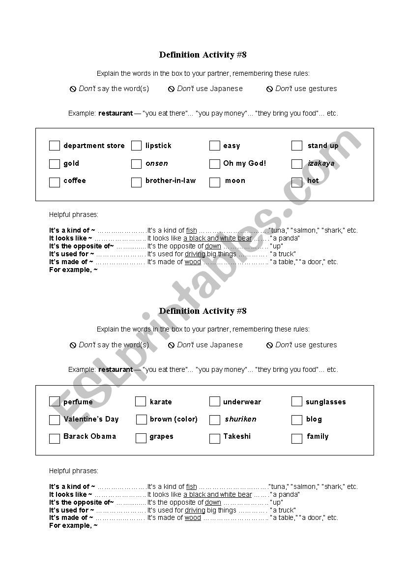 Vocabulary activity #8 worksheet