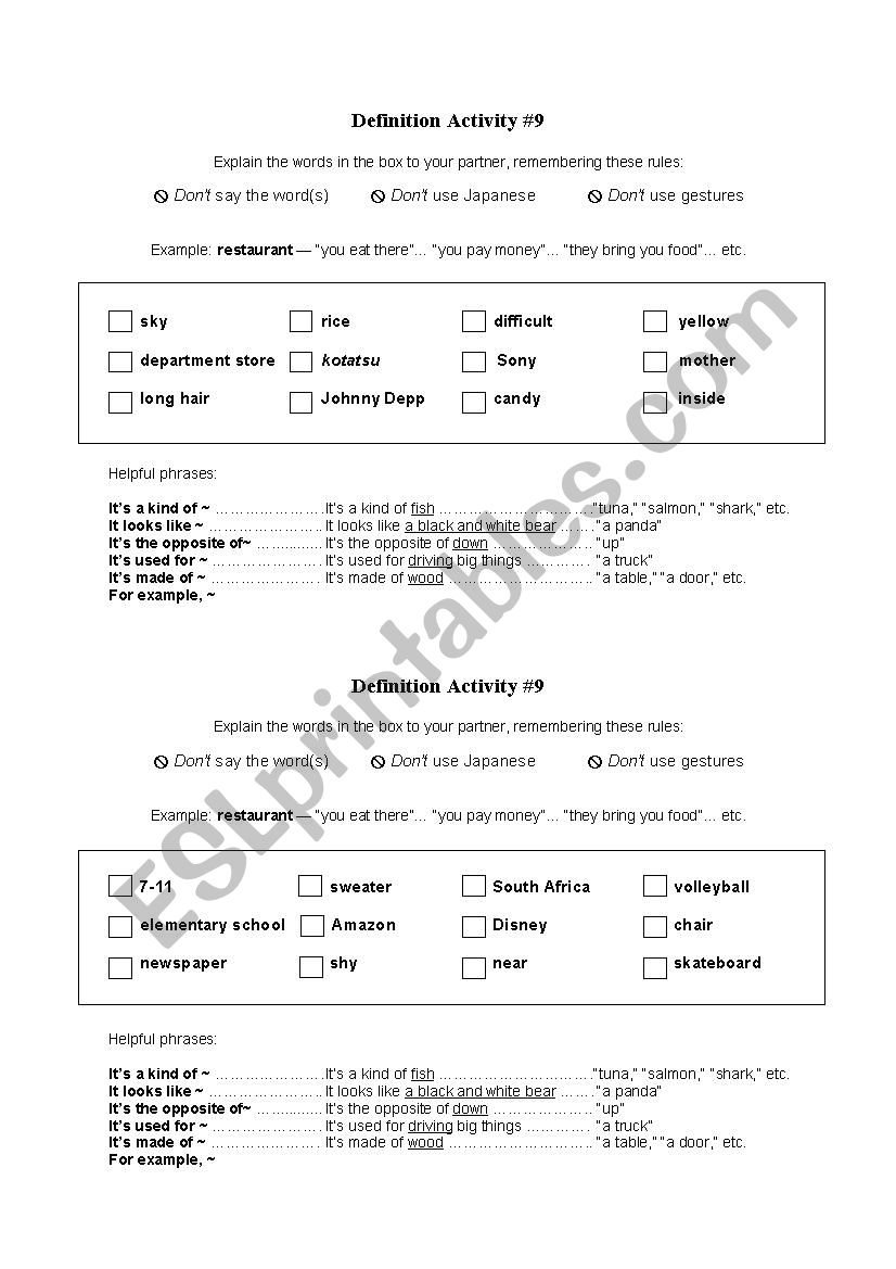 Vocabulary activity #9 worksheet