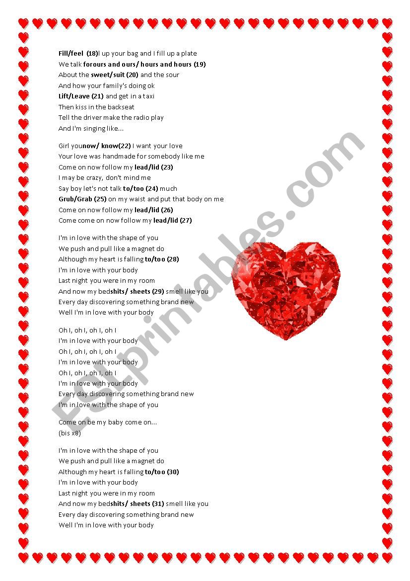 Song Ed Sheeran Shape Of You Esl Worksheet By Espadita esl printables