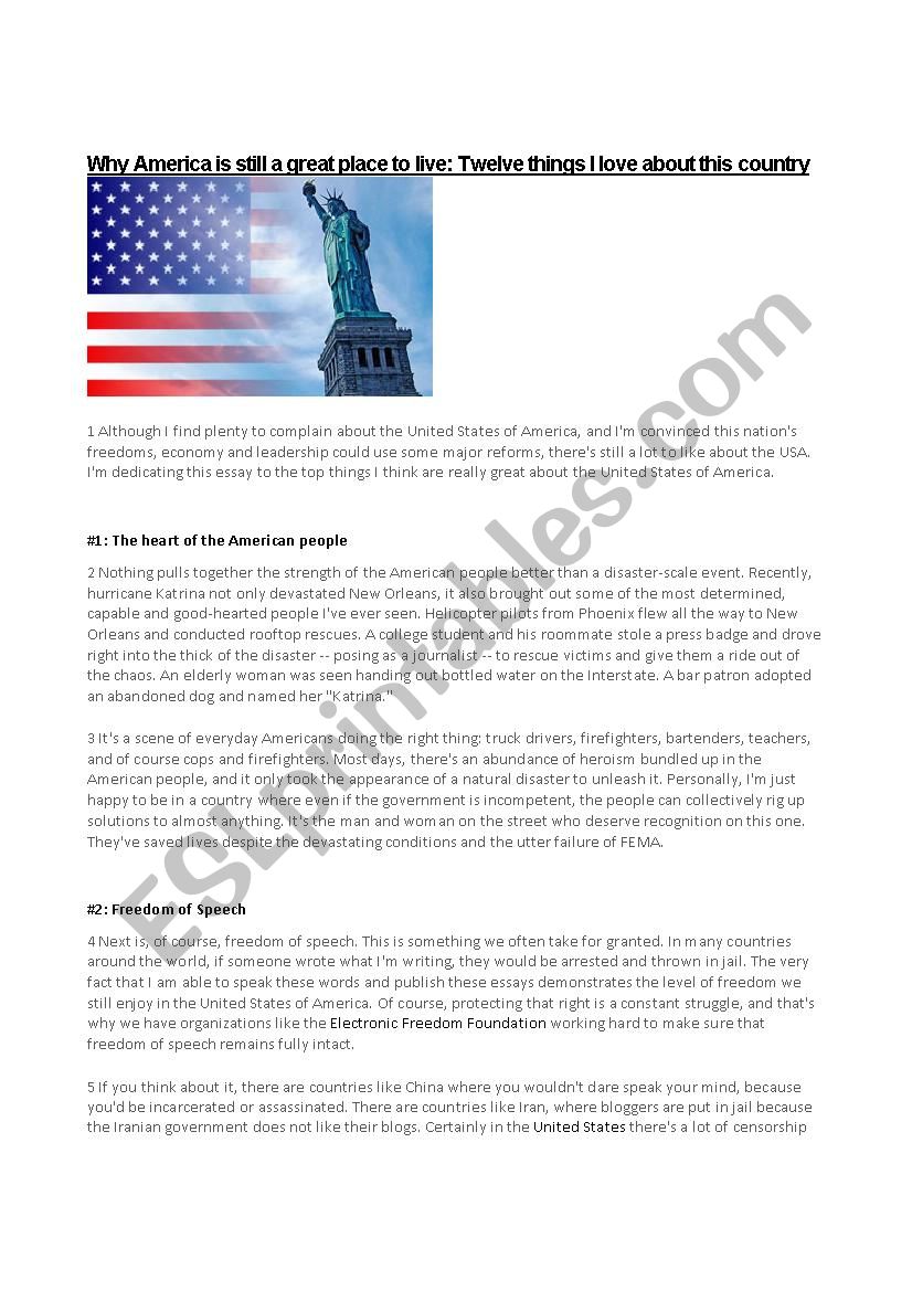 Reasons for living in the USA worksheet