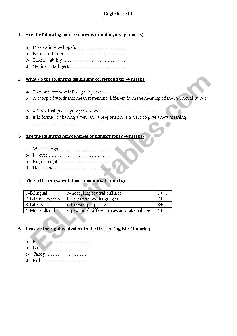 English test  worksheet