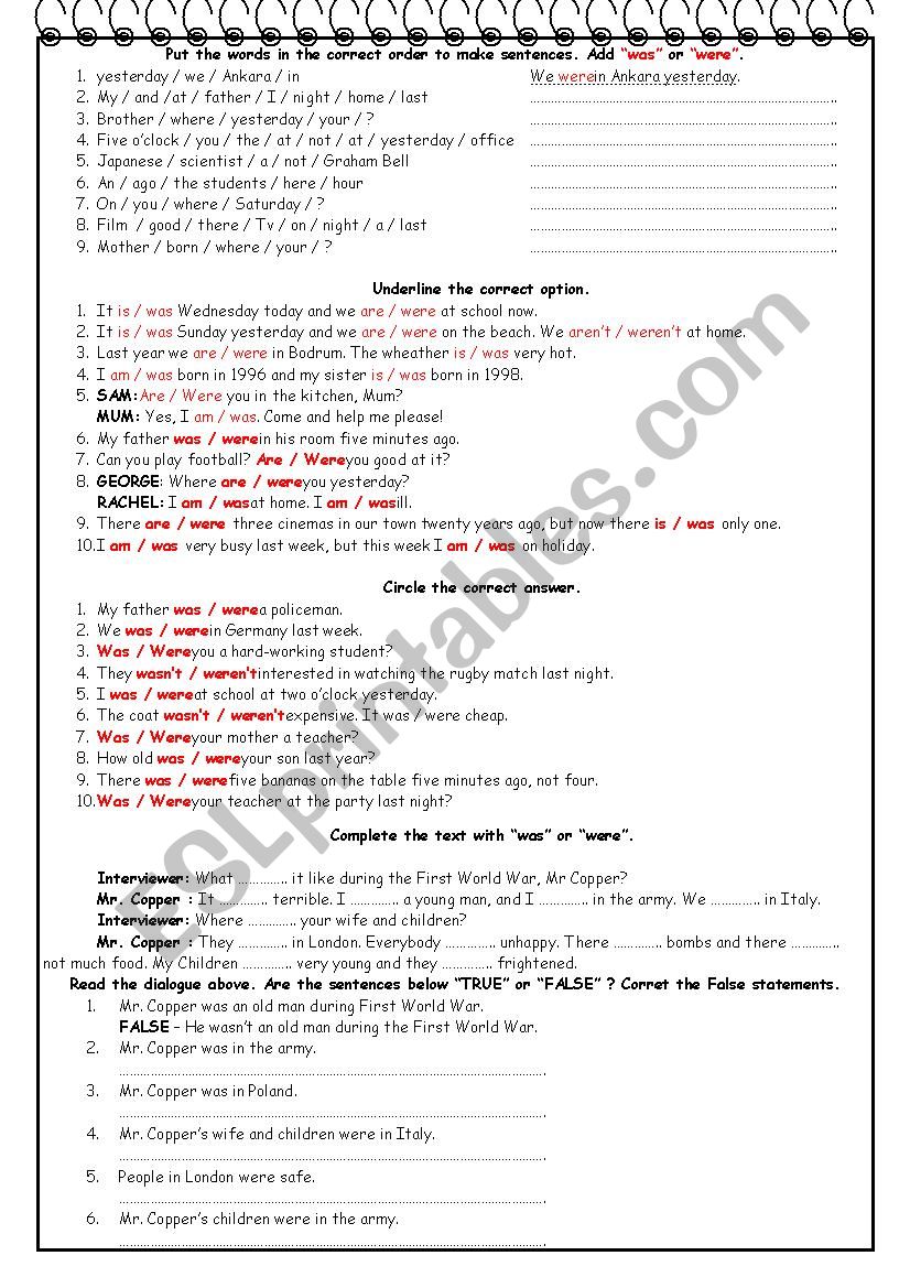 Past Form of TO BE  -Part 2- worksheet