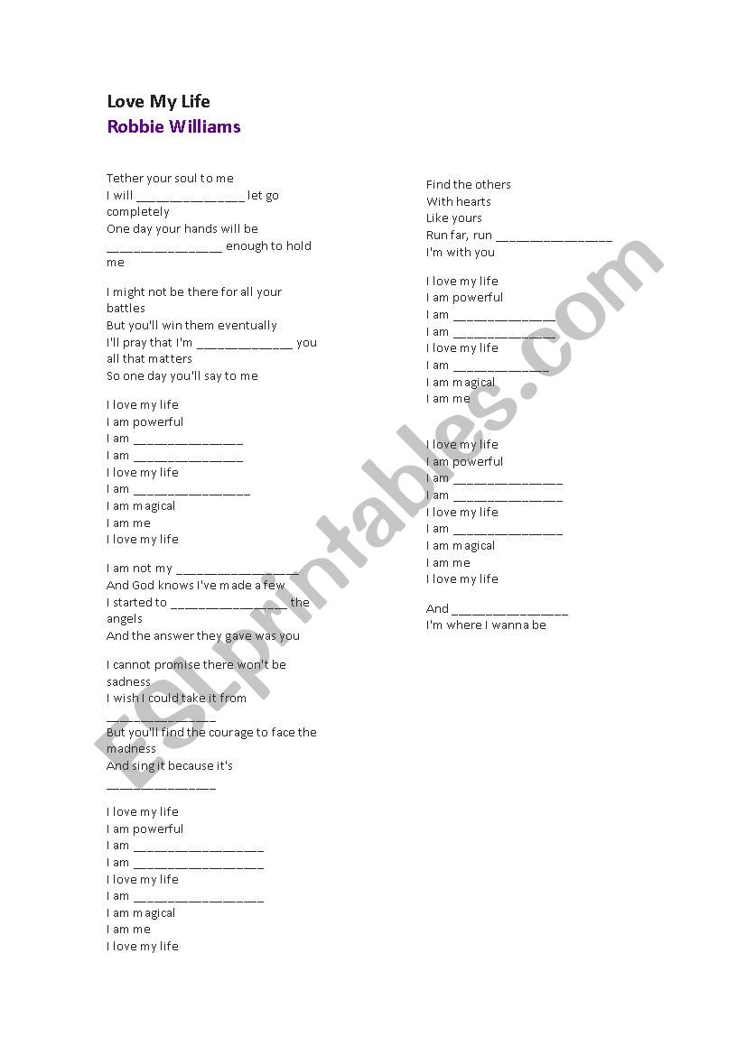 I love my life song worksheet