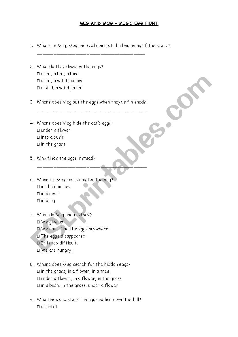 Meg and Mog Easter egg hunt worksheet