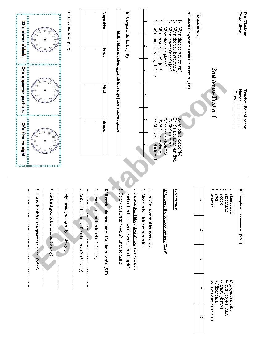 Focus:2nd term-Test n 1 worksheet