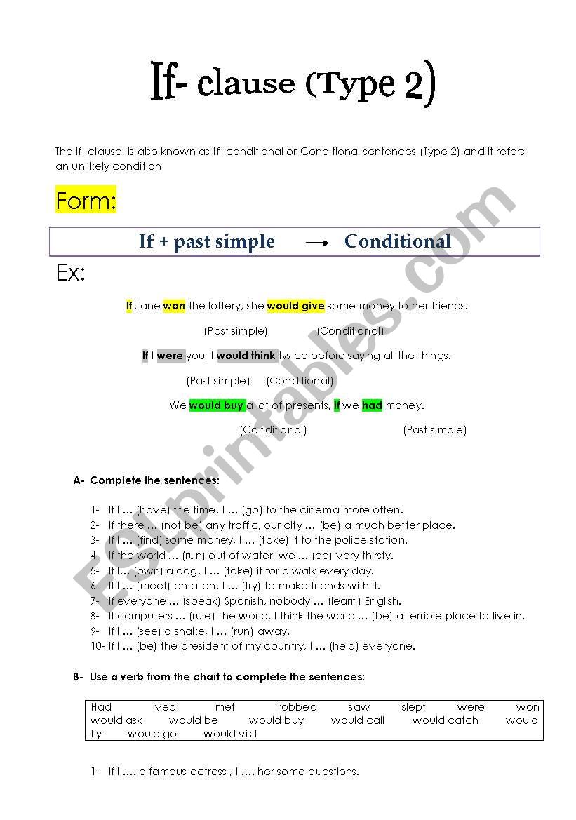 If- clause (type2) worksheet