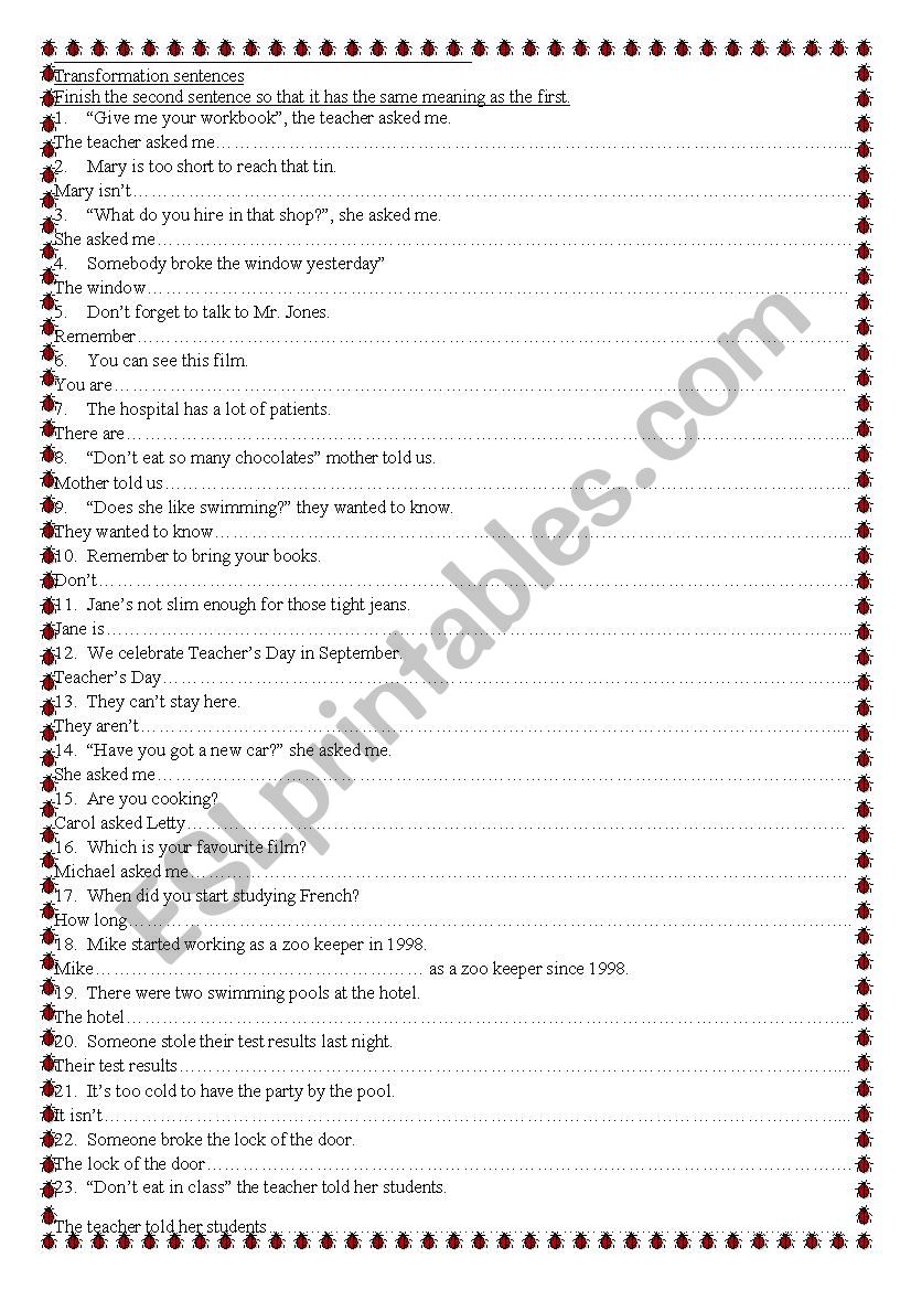 Sentence transformation worksheet