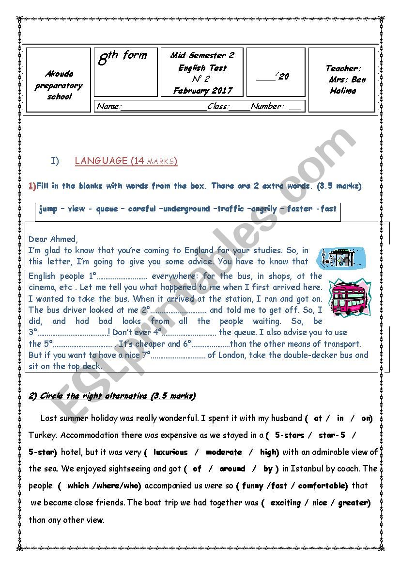 Mid Semester 2 test N2 for 8th Forms