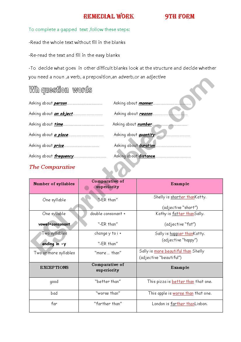 Review for 9 th Forms worksheet