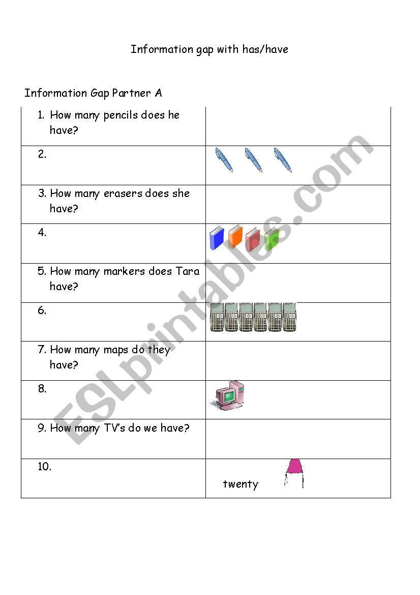 Information Gap     have/has worksheet