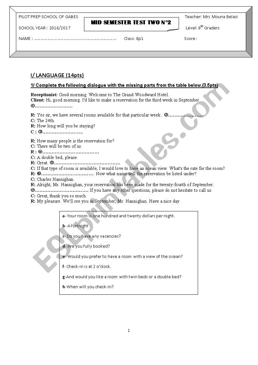 MID SEMESTER TEST 2 N°2 8th form pilot school - ESL worksheet by manoushka
