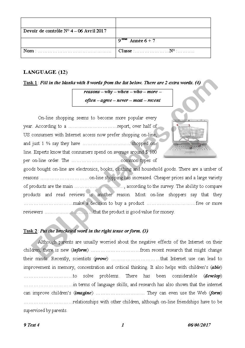 9 Form Test 2 Semester 2  worksheet