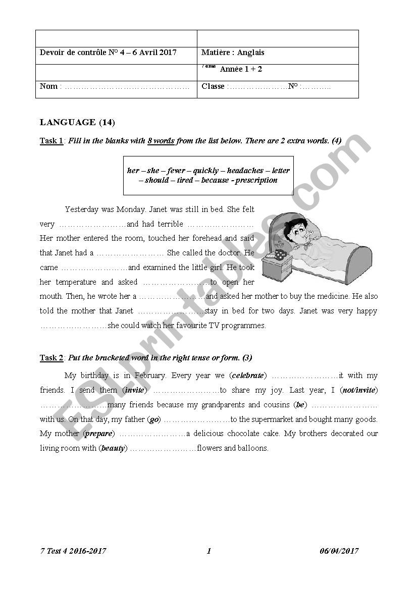 7 Form Test 2 Semester 2 worksheet