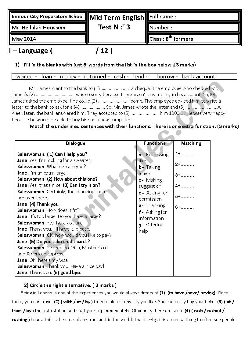 Mid Semester 2 Test 2 ( 8th form Tunisian pupils )