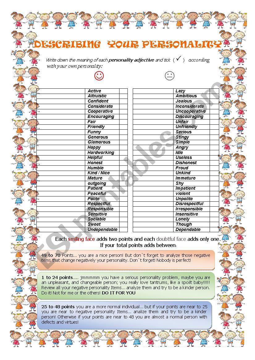 Personality adjectives worksheet