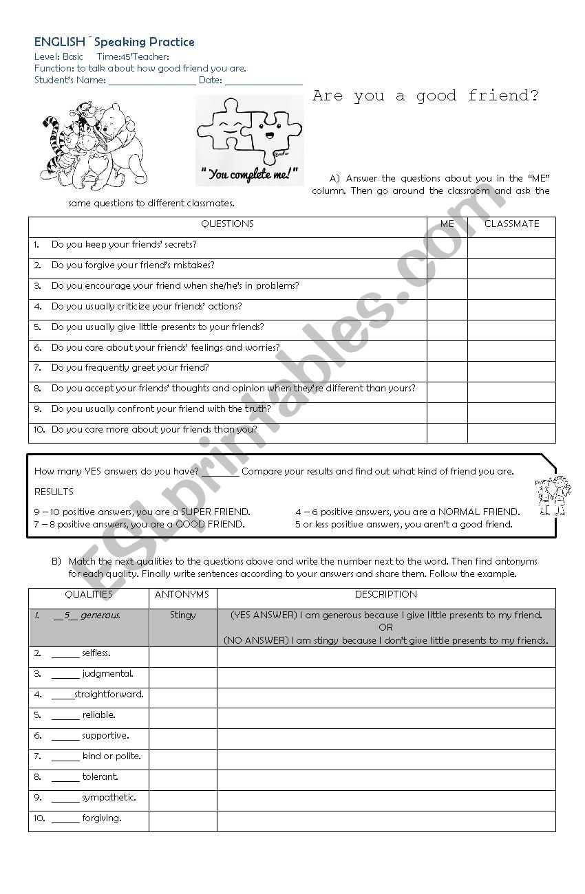 Are you a good friend? Speaking activity - present simple with do.